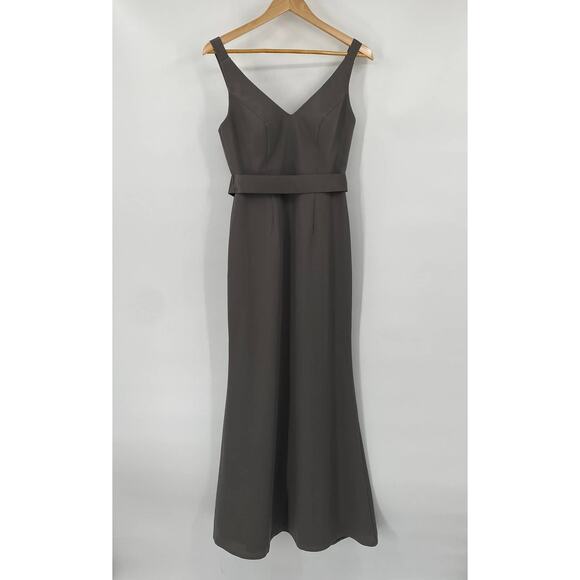 Vera Wang White Label Gown Crepe V Neck Sleeveles Open Back Belted Maxi Gray 2 - Picture 2 of 7